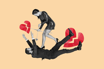 Composite photo collage of two lovers girl guy cupid arrow bow valentine crack heart breakup crisis...