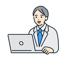 パソコンで勉強する男子高校生。シンプルな男の子のベクターイラスト素材。