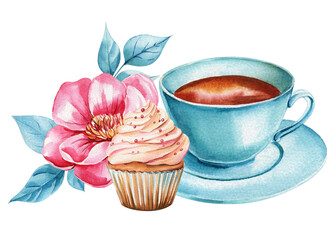 Holiday vibes featuring blue cup, cupcake, pink rose flower, greenery in watercolor style. Holiday mood illustration 