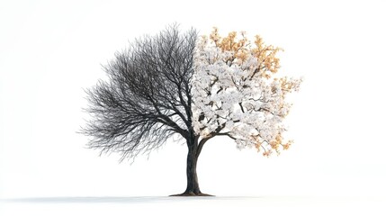 Naklejka premium Half-barren, half-leafy tree with intricate branch details on one side and blooming spring foliage on the other, clean white background