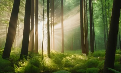 Beautiful rays of sunlight in a green forest