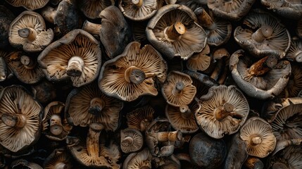 Fototapeta premium A captivating close-up shot of an array of mushrooms, showcasing their intricate textures and earthy tones.