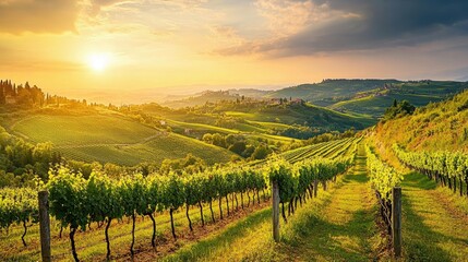 Naklejka premium Lush vineyard with rows of grapevines stretching to the horizon, warm sunlight and green hills