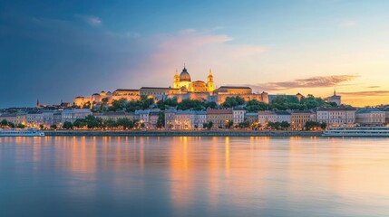 Fototapeta premium Panoramic skyline of a historic European city at dusk, old architecture with a warm evening glow