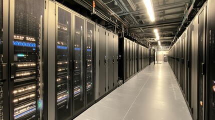 Naklejka premium Panoramic view of a high-tech data center with rows of servers, LED lights, and advanced computing systems