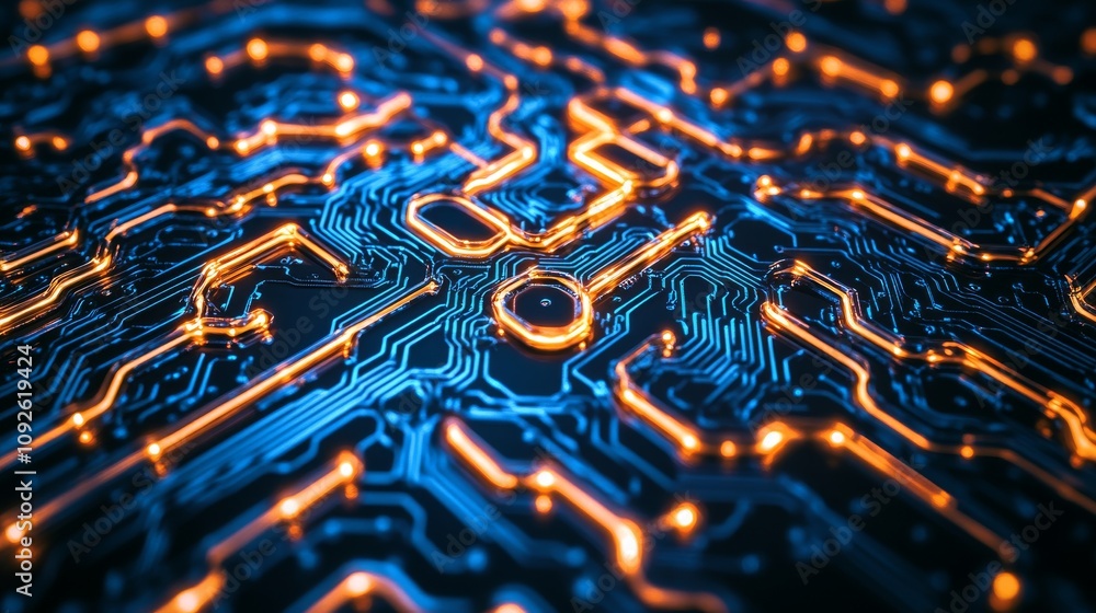 Poster intricate circuit board design with glowing lines