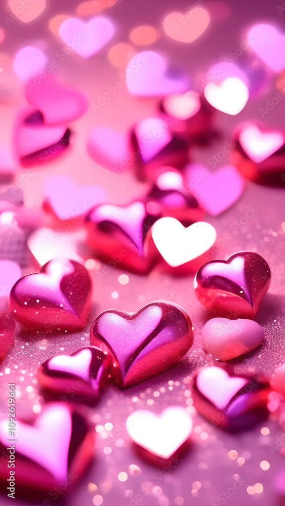 Poster pink background with many hearts on it. some of the hearts are white. the hearts are all different s