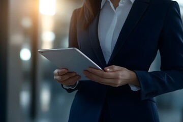 Professional woman engaged with tablet modern office setting business technology indoor environment close-up view empowerment