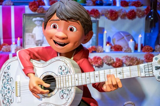 Madrid, Spain; 05-14-2024: Large figure of the famous character Miguel from the movie Coco in an exhibition called Pixar World about the studio's films
