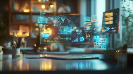 Futuristic Technology Display with Global Data Visualization