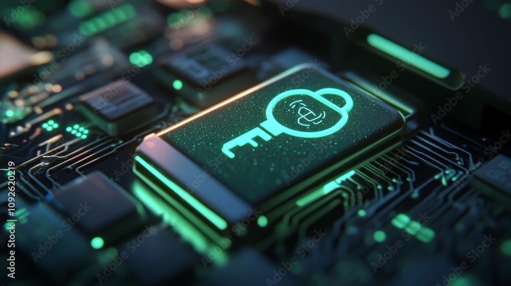 Poster digital key on futuristic circuit board: advanced security
