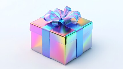 Obraz premium Holographic Gift Box with Blue Ribbon and Bow