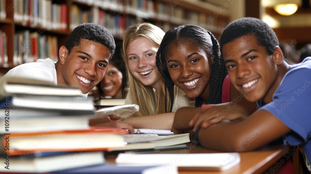 Poster a group of smiling students studying together in a library surrounded by books.