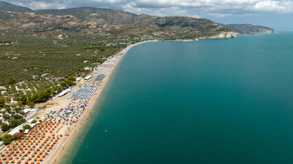 Aerial view of the beach of Mattinata, in the province of Foggia, Puglia, Italy. The beach is...