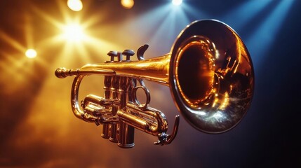 A shiny trumpet illuminated by stage lights, symbolizing music and performance.