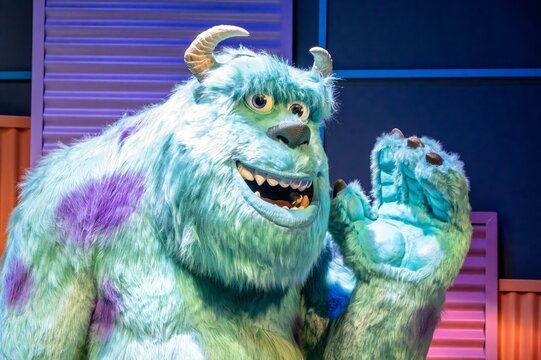 Madrid, Spain; 05-14-2024: Large figure of the famous character Sulley from the movie Monsters, Inc in an exhibition called Pixar World about the studio's films