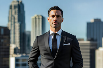Fototapeta premium Successful Real Estate Agent with Urban Skyline Background black background 