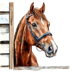 Watercolor Painting of a Chestnut Horse's Head and Neck, Looking to the Side, Partially Visible Behind a Wooden Fence.