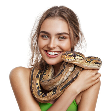 Portrait of a smiling young woman with a python snake around her neck, isolated on a white background