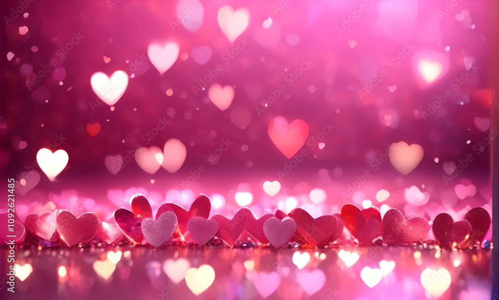 Poster Pink background with many hearts on it. The hearts are in different sizes and colors. Some are red, some are pink, and some are white