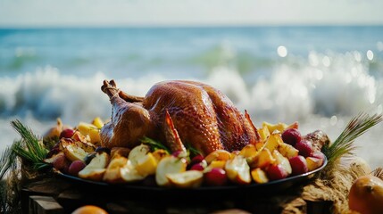 Thanksgiving Feast by the Ocean Shoreline
