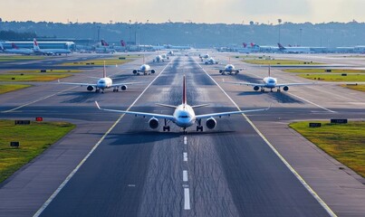Airplanes lined up on a busy runway at an airport.