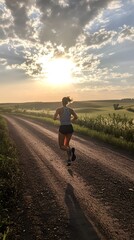 Fototapeta premium A woman is running on the dirt road, wearing sportswear and shoes with sunlight shining through the trees behind her.