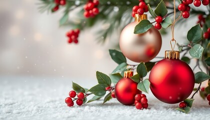 Wallpaper featuring subtle Christmas ornaments and delicate holly leaves in pastel reds and greens, with a gentle snowfall effect for a cozy holiday feel.