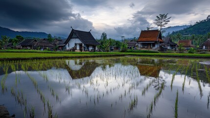 Fototapeta premium Serene Asian Village Rice Paddy Houses Reflection Clouds Sky
