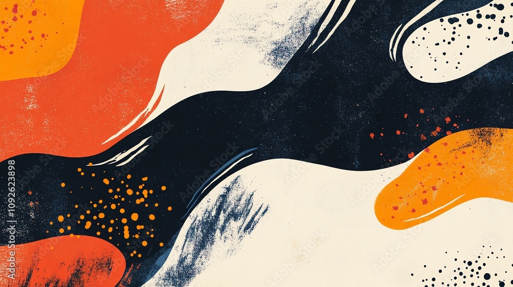 Poster an abstract background of wavy shapes with splashes of color in white, orange, peach and black.