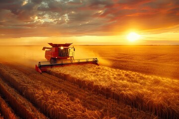 Fototapeta premium A high-resolution image of a state-of-the-art combine harvester at work, capturing golden grains being harvested against a breathtaking sunset horizon 