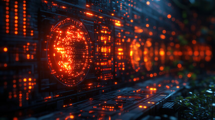 Digital landscape with glowing data patterns in a futuristic setting during the twilight hours. Generative AI