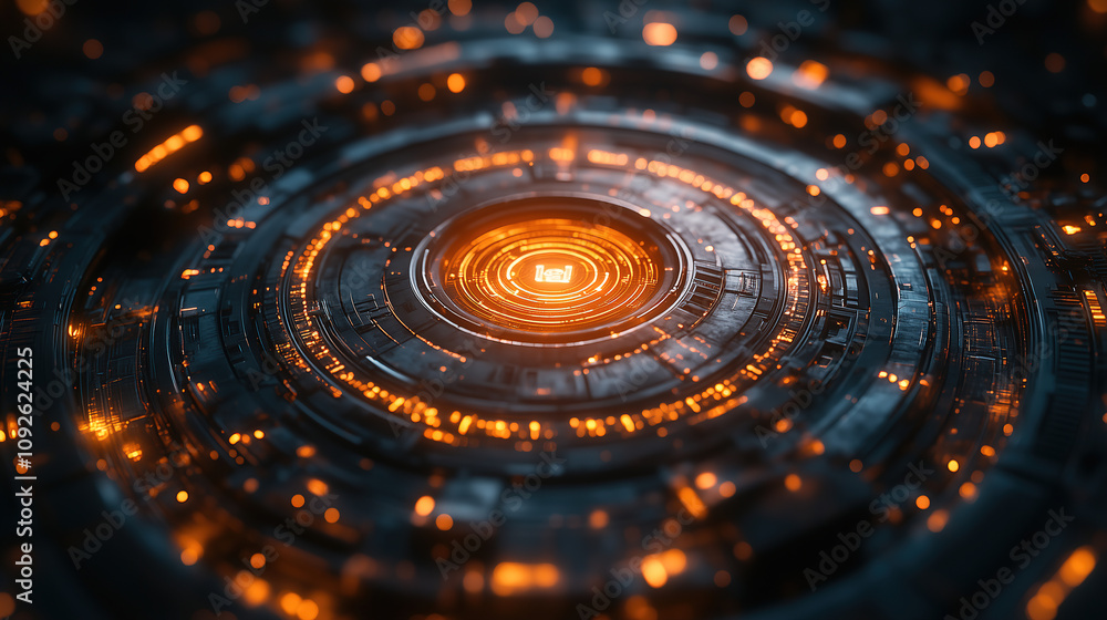 Poster intricate close-up of a futuristic circular design with glowing elements in a dark environment. gene
