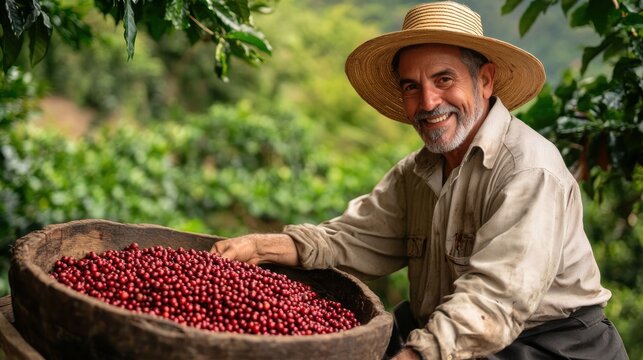 Coffee Farmer Harvesting Red Berries