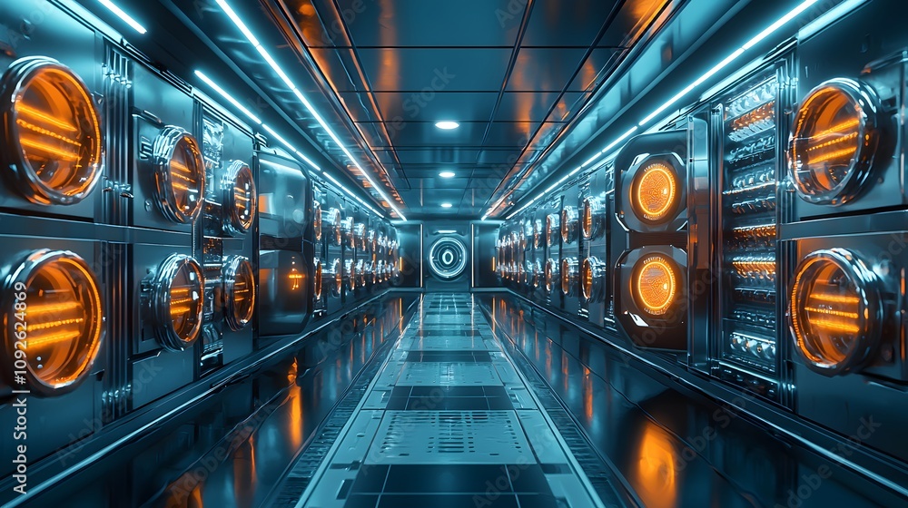Poster Futuristic data center operations high-tech facility digital infrastructure neon environment symmetrical view innovation concept