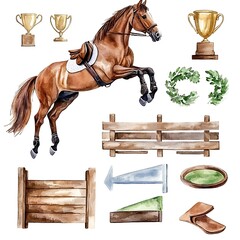 Watercolor illustration of a horse jumping a fence, with trophies, laurel wreath, and show jumping equipment.