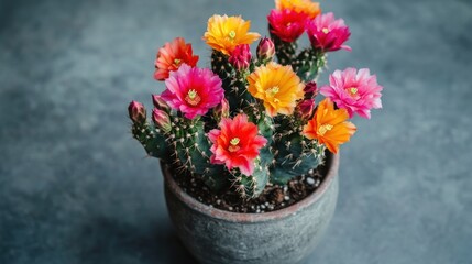Fototapeta premium A vibrant potted cactus adorned with colorful flowers, showcasing nature's beauty.
