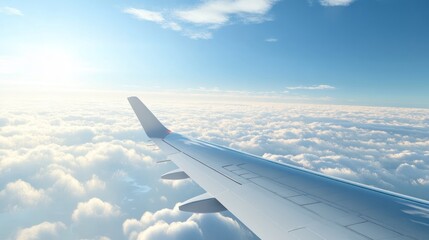 Obraz premium Aerial view from an airplane wing above fluffy clouds under a bright sky.