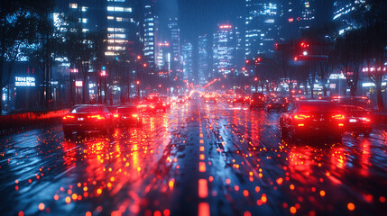 Fototapeta premium Vibrant city streets illuminated by neon lights and rain in a bustling urban environment at night. Generative AI