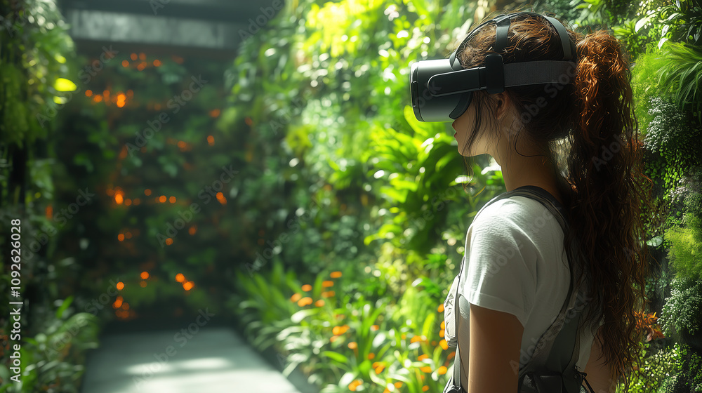 Aufkleber engaging with nature through virtual reality while exploring a green, lush environment in an immersi
