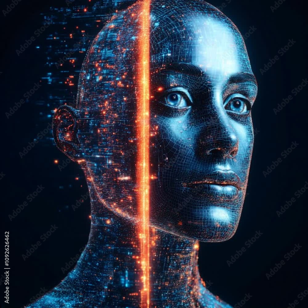Poster futuristic digital human head glowing data streams and technology innovation in artificial intellige