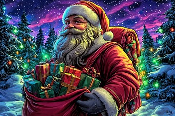 Fototapeta premium Santa claus carrying gifts and presents to children. Generative Ai