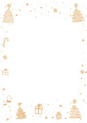 New Year frame on white background.Golden Christmas elements.Winter seasonal poster.Great for banners.Vertical greeting card.Merry Christmas and Happy New Year.Happy Holidays