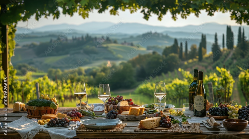 Aufkleber a lush vineyard in tuscany with rolling hills in the background. include a picnic setup with wine gl