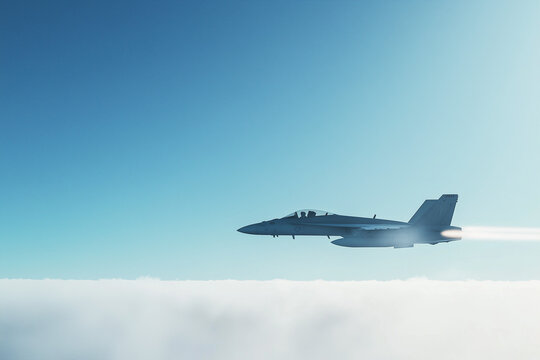 A sleek jet fighter soaring through the sky, leaving a trail of vapor behind, with copy space. 
