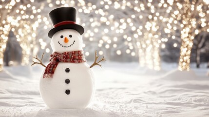 Obraz premium Charming Snowman in a Magical Winter Wonderland with Twinkling Lights