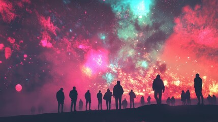 A large group of people gathers to enjoy an impressive fireworks display at night, with vibrant colors illuminating the sky. The atmosphere is filled with joy and celebration