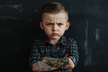 Tattooed boy, rebellious child, funny guy with slicked-back hair and rocker look