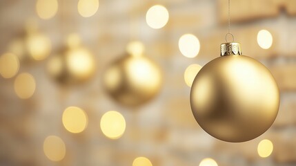 Fototapeta premium Elegant Gold Christmas Ornaments Hanging Against a Soft Focus Background