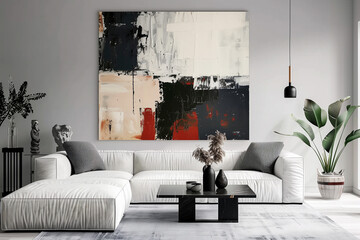 Minimalist living room featuring a low-profile white sofa, a simple black coffee table, and a large abstract painting on the wall. interior design 